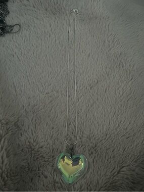 Glass Heart Pendant Necklace - Iridescent Green Heart